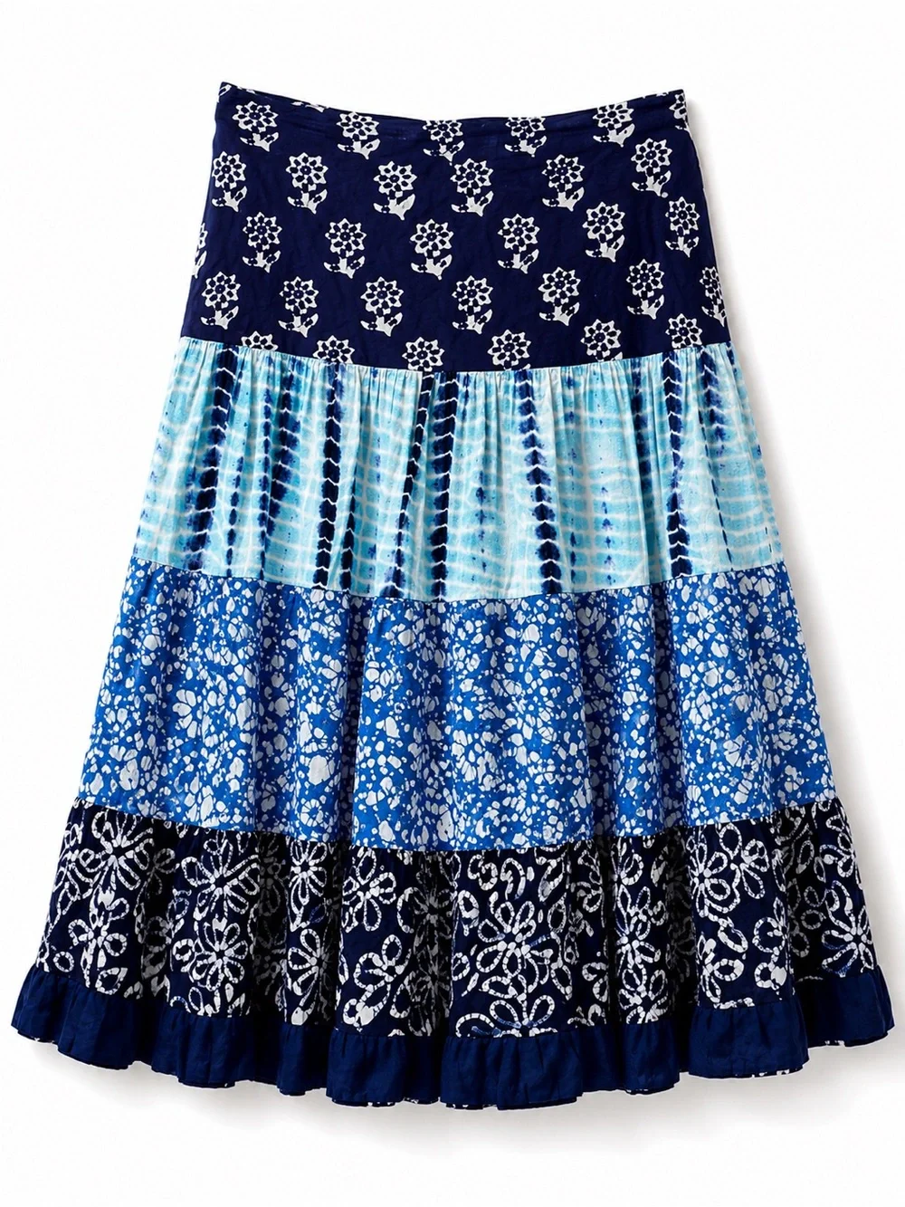 Blue Patchwork Floral Block Print Shibori Tie Dye Midi Skirt L - Picture 2 of 7
